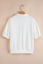 Contrast Striped Collar Patchwork Textured Half Sleeve Blouse