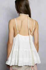 POL Button Front V-Neck Ruffled Cami with Pintuck Accents