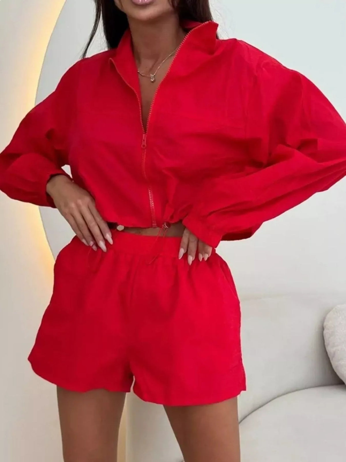 Zip Up Long Sleeve Outerwear and Shorts Set