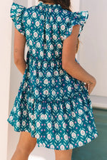 Printed Tie Neck Ruffled Cap Sleeve Dress