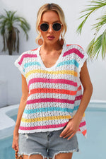 Angel Wings Striped V-Neck Slit Cover Up - Ladyez