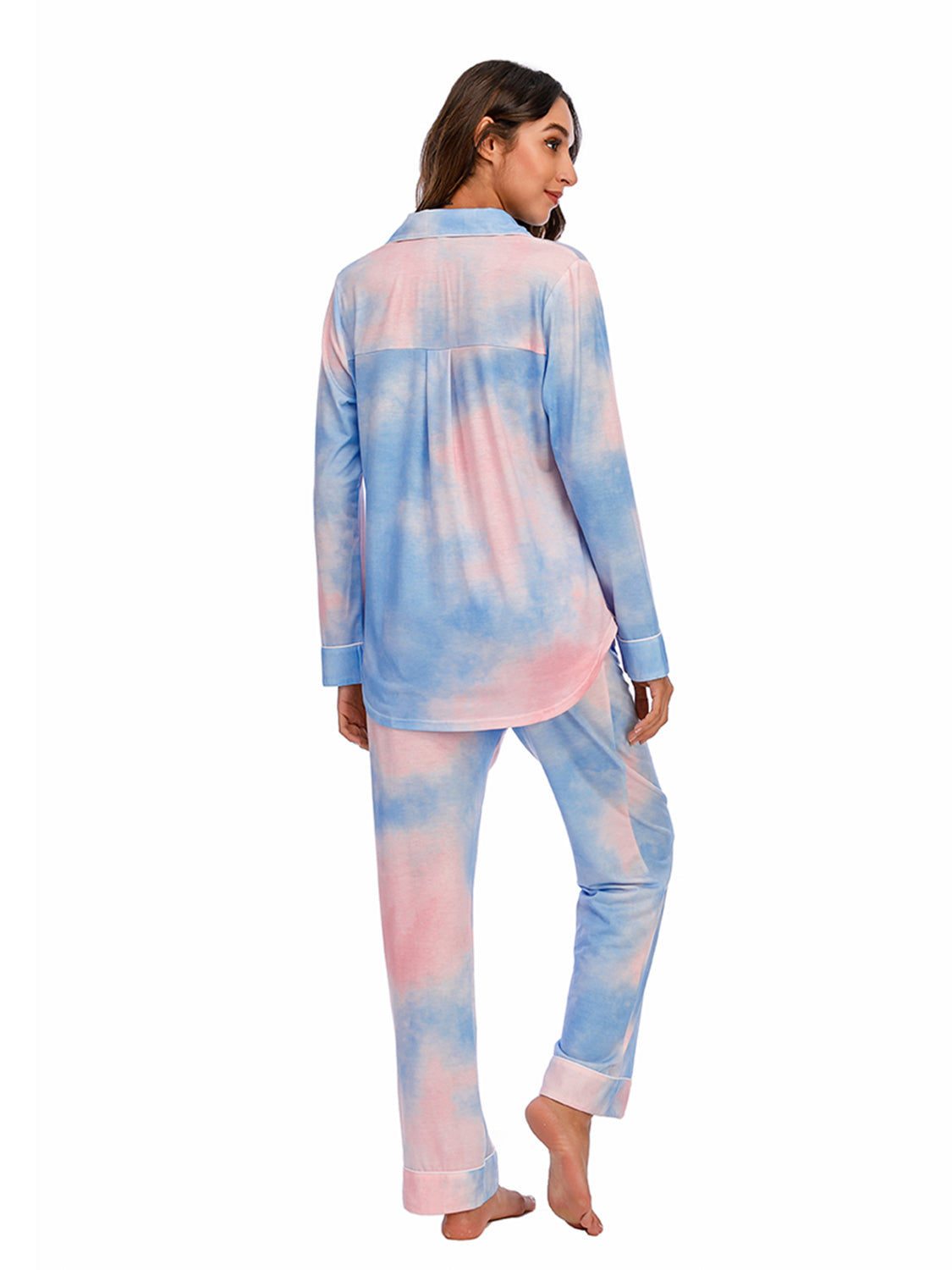 Collared Neck Long Sleeve Loungewear Set with Pockets - Ladyez