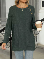 Round Neck Side Slit Ribbed Knit Top with Asymmetric Button Detail