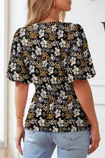 Floral Print V Neck Smocked Babydoll Blouse