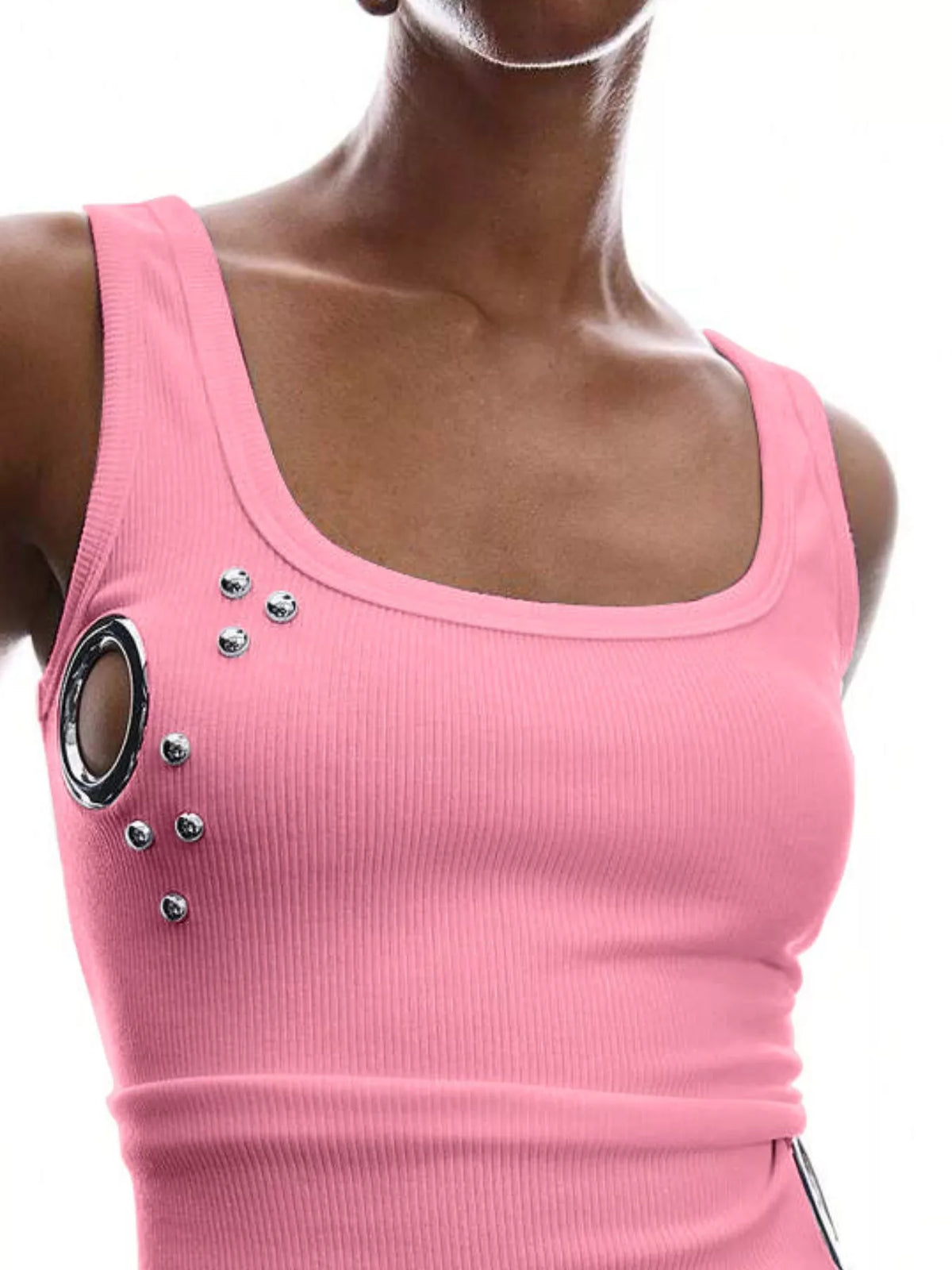 Ribbed Tank Top with Metal Grommet Cutouts and Stud Embellishments