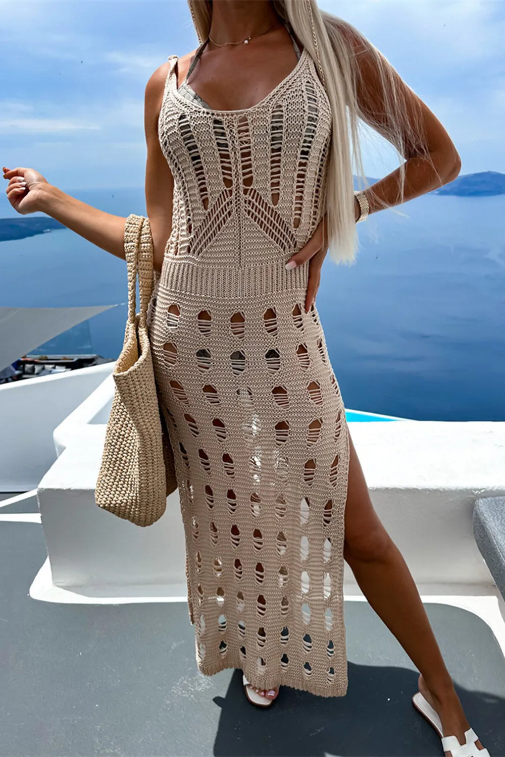 Openwork Slit Scoop Neck Sleeveless Cover Up - Ladyez
