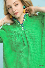Umgee Textured Puff Sleeve Top with Scalloped Trim