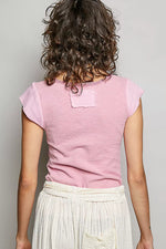 POL V-Neck Lightweight Textured Short Sleeve Knit Top with Lace Trim