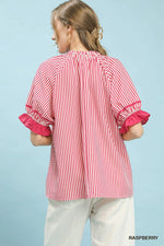 Umgee Stripe Ruffle Sleeve Split-Neck Blouse