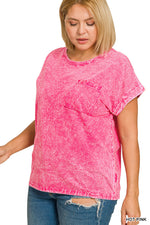 Zenana Full Size Crinkle Washed Round Neck Folded Short Sleeve Tee Plus Size