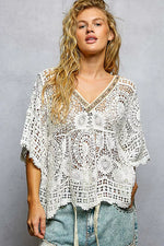 POL V-Neck Crochet Top with Scalloped Hem