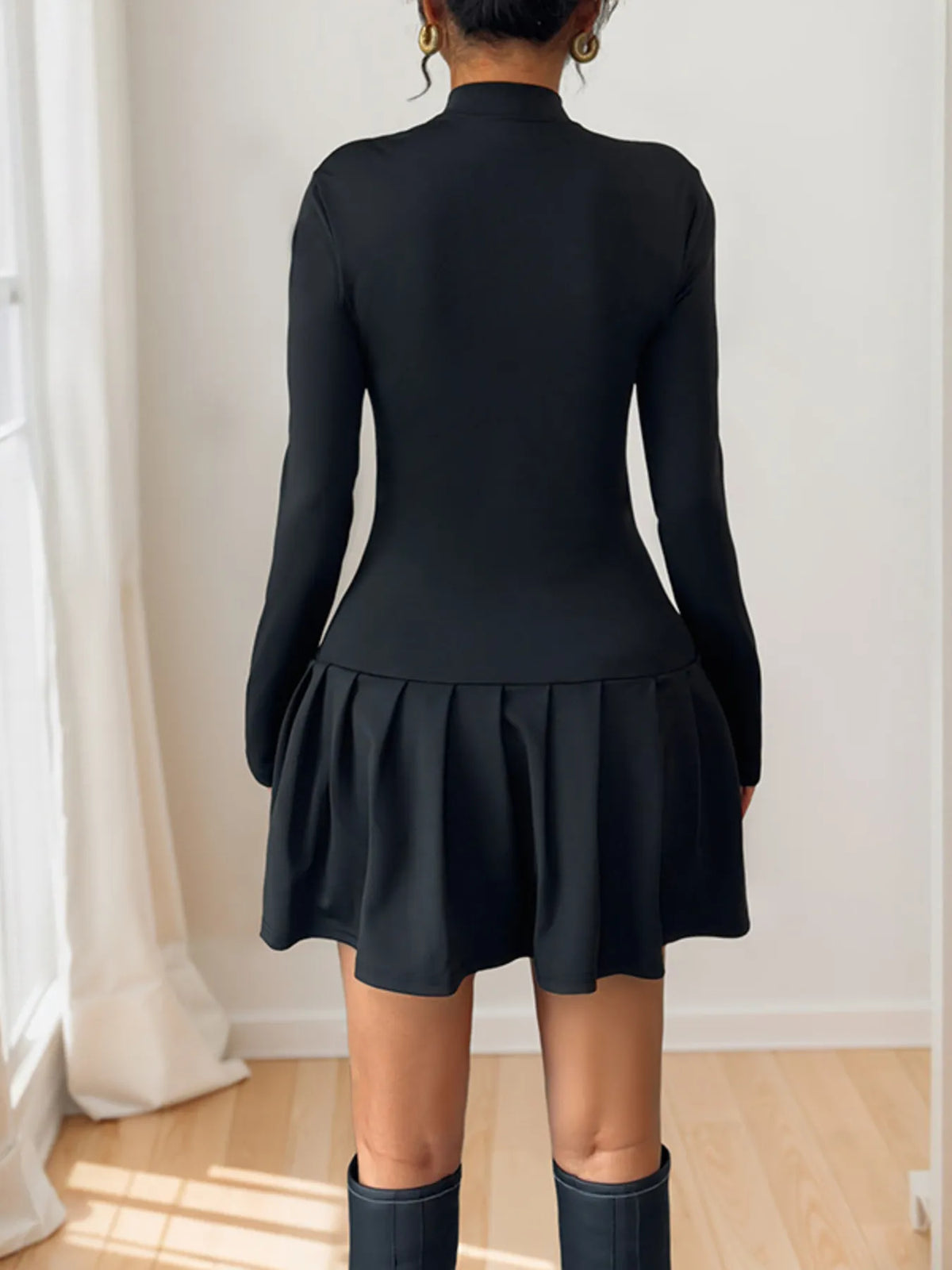 Decorative Button Mock Neck Long Sleeve Mini Dress - Ladyez