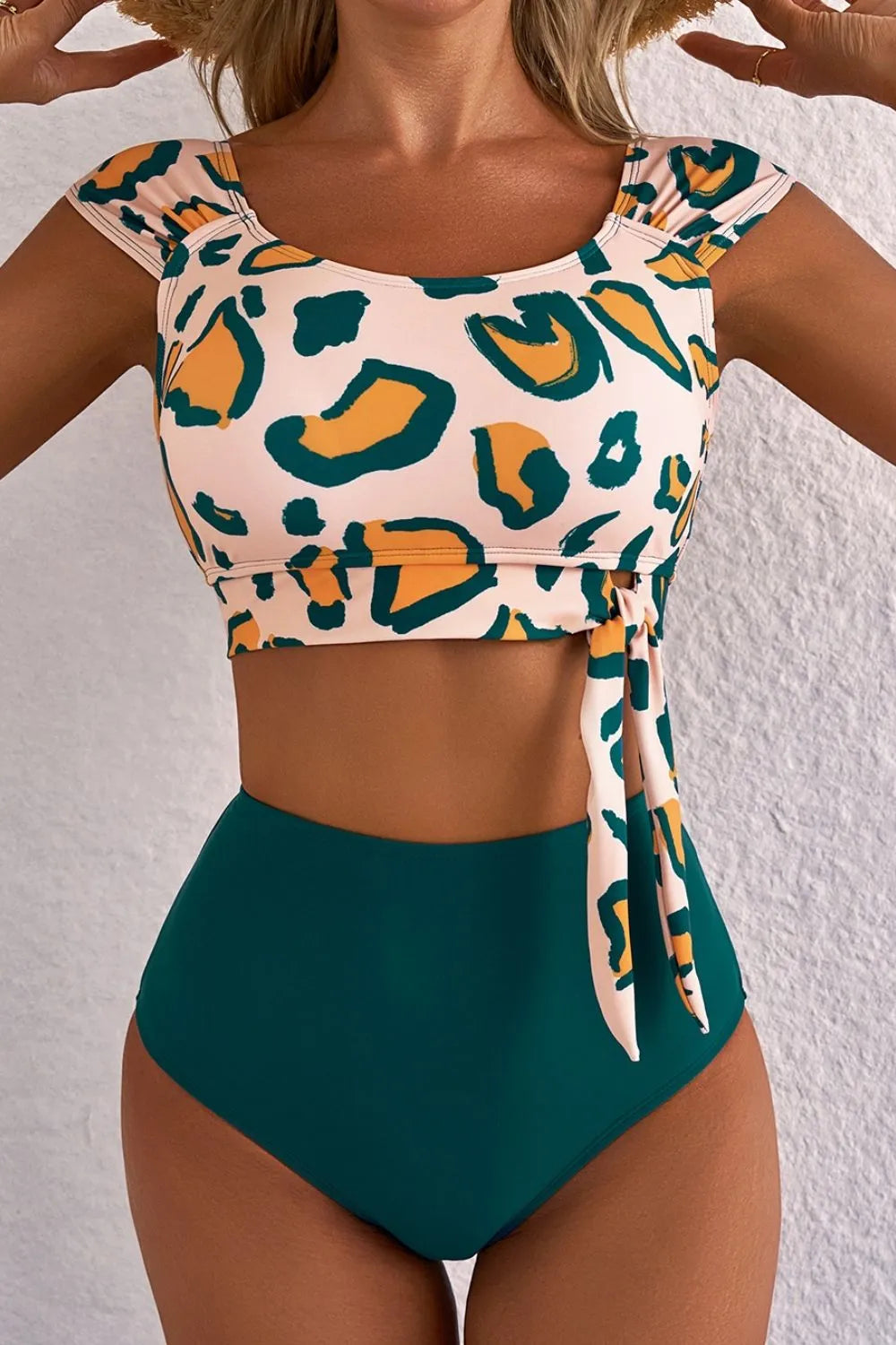 Leopard Print U Neck Knotted High Waist Bikini Set - Ladyez