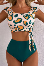 Leopard Print U Neck Knotted High Waist Bikini Set - Ladyez