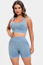 3 Piece Washed Square Neck Wide Strap Active Set - Ladyez