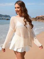 Openwork Slit Boat Neck Long Sleeve Cover-Up - Ladyez