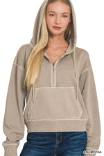 Zenana Fleece Pigment Dye Half Zip Kangaroo Pocket Hoodie