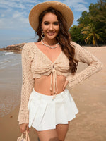 Drawstring Openwork Long Sleeve Cover-Up - Ladyez