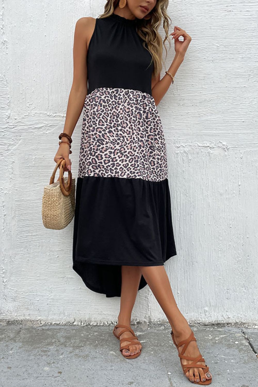 Perfee Leopard Contrast Sleeveless Maxi Dress - Ladyez