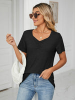 Ruched V-Neck Short Sleeve T-Shirt - Ladyez