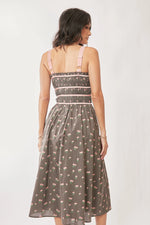 Davi & Dani Contrast Velvet Tape Smocking Bodice Midi Dress