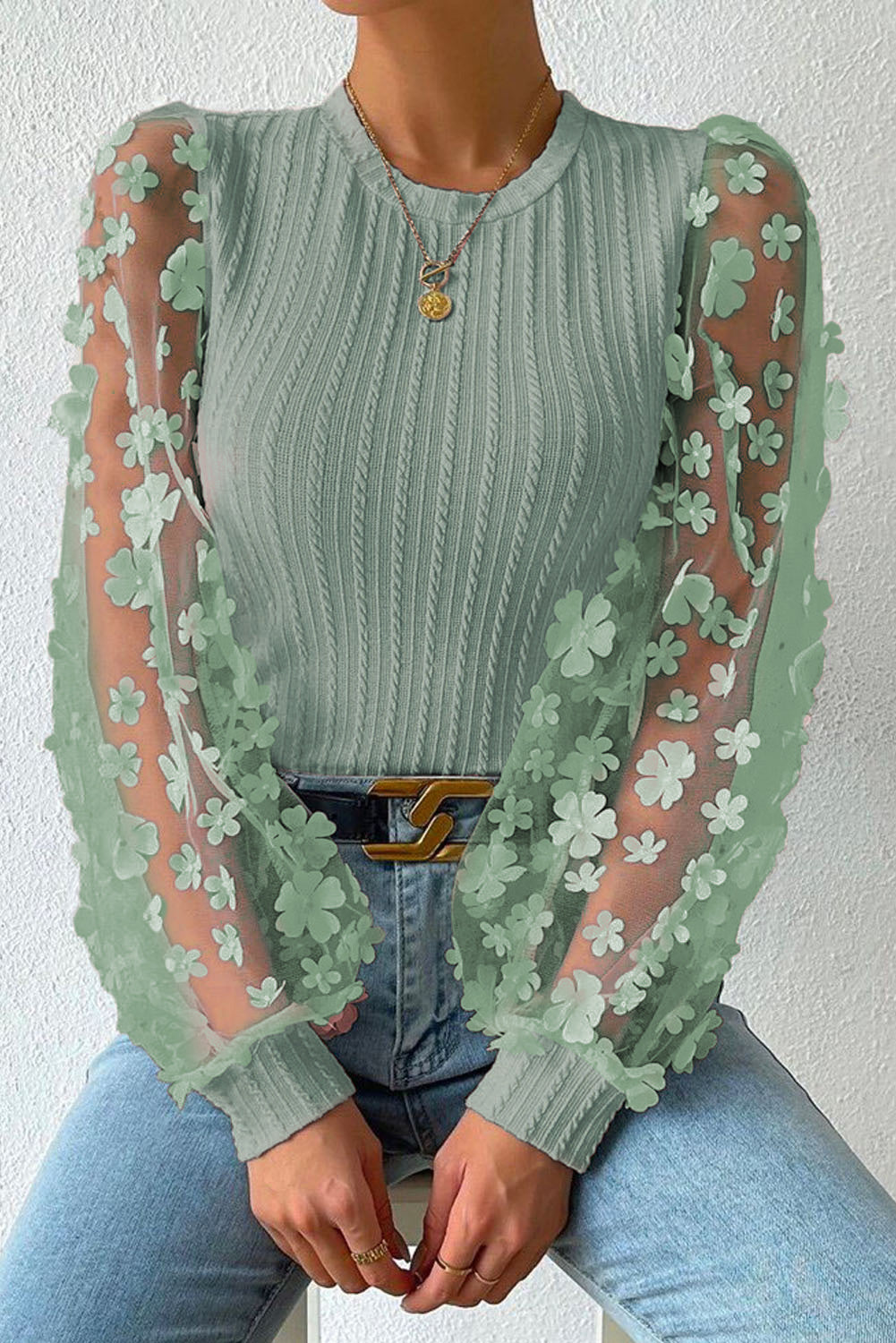 Double Take Textured Applique Long Sleeve Blouse - Ladyez
