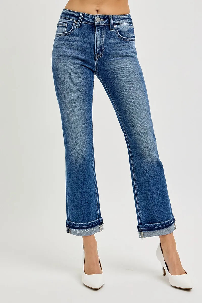 RISEN Mid Rise Ankle Straight Cuffed Jeans - Ladyez