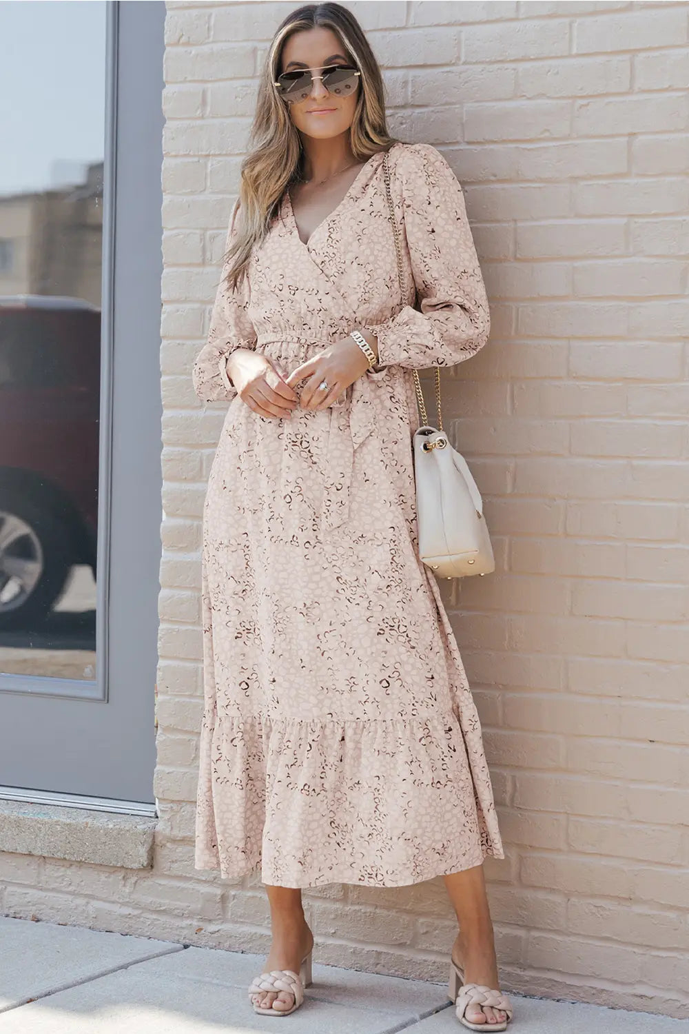 Printed Tie Front Ruffle Hem Dress - Ladyez