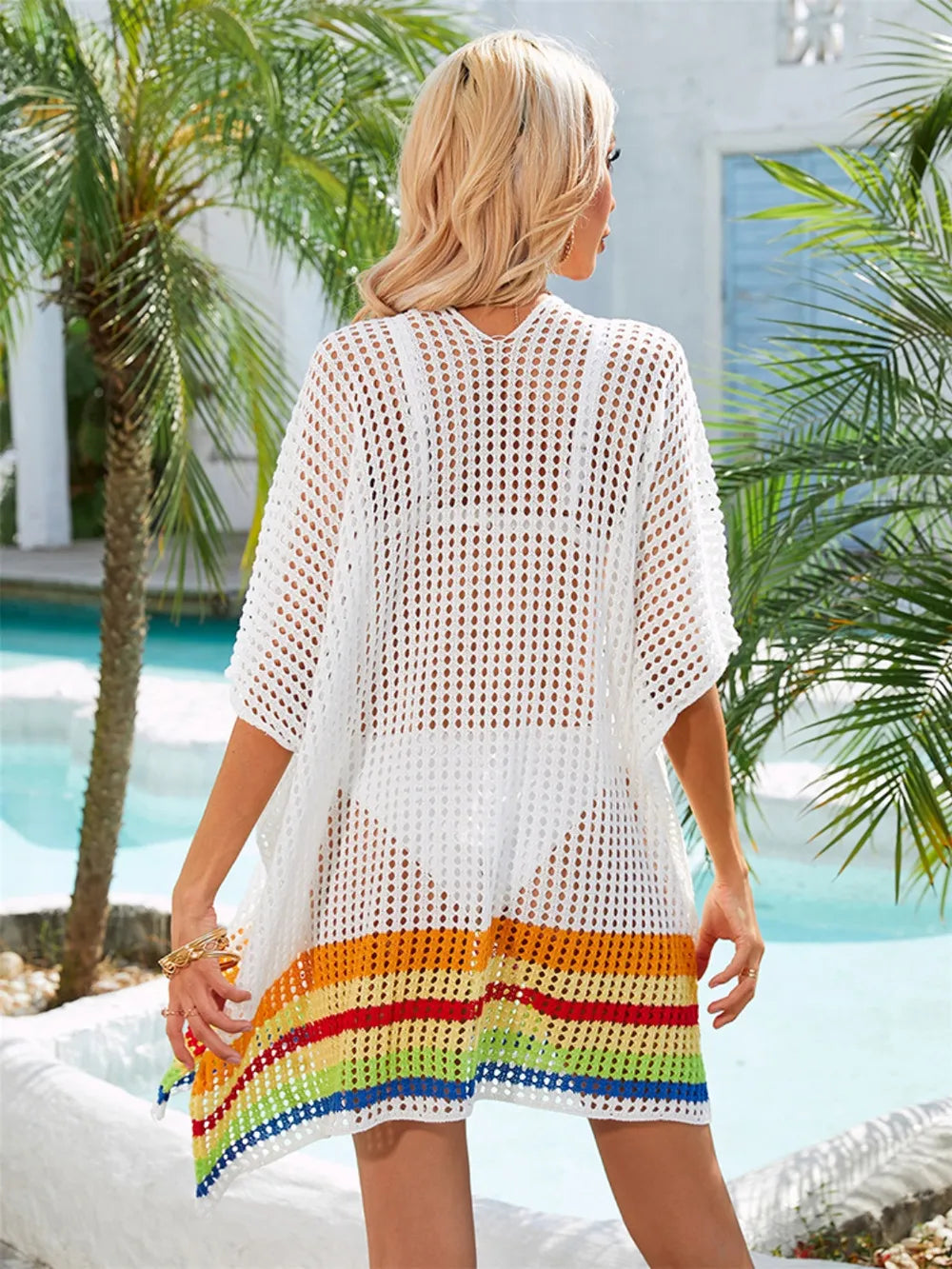 Slit Openwork V-Neck Half Sleeve Cover-Up - Ladyez