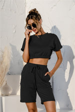 Short Sleeve Cropped Top and Drawstring Shorts Lounge Set - Ladyez