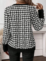 Houndstooth V-Neck Long Sleeve T-Shirt - Ladyez