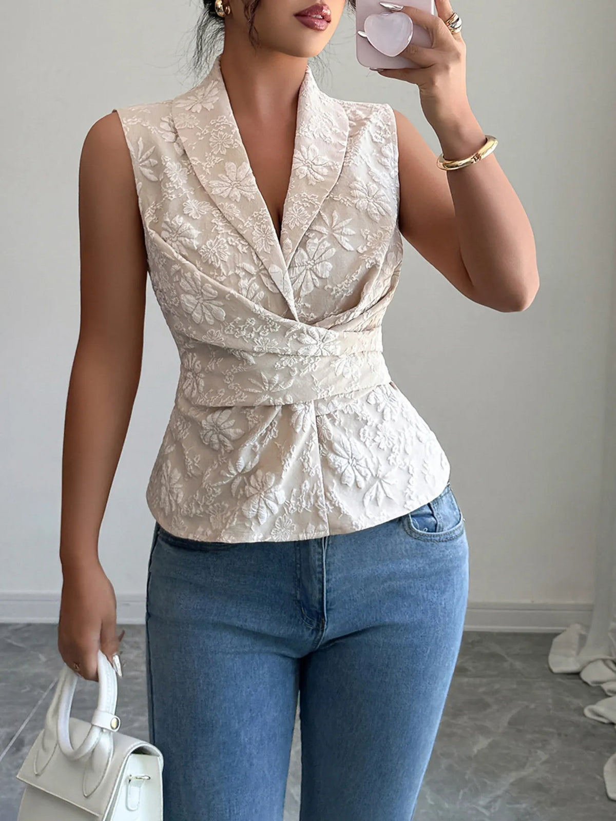Flower Ruched Sleeveless Tank - Ladyez