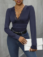 Perfee Lace Detail Plunge Long Sleeve Bodysuit - Ladyez