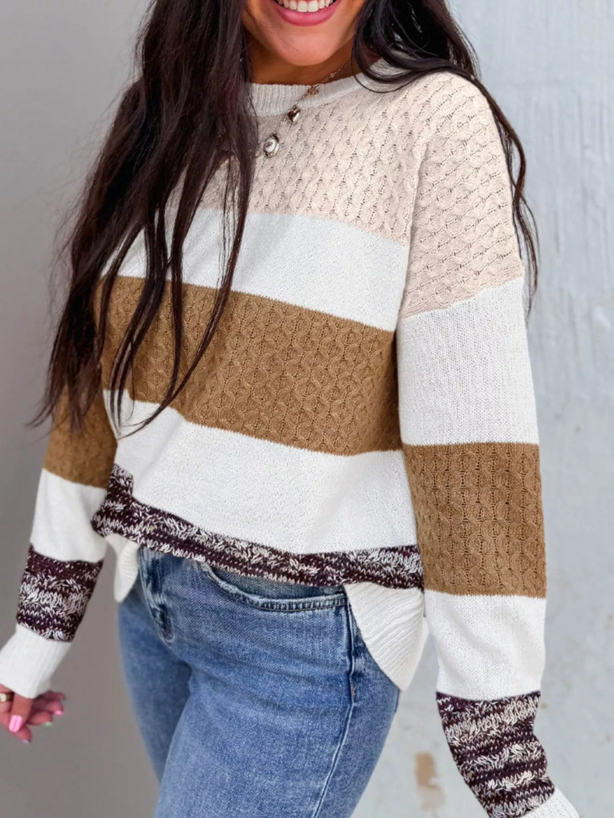 Mixed Texture Knit Striped Color Block Loose Sweater