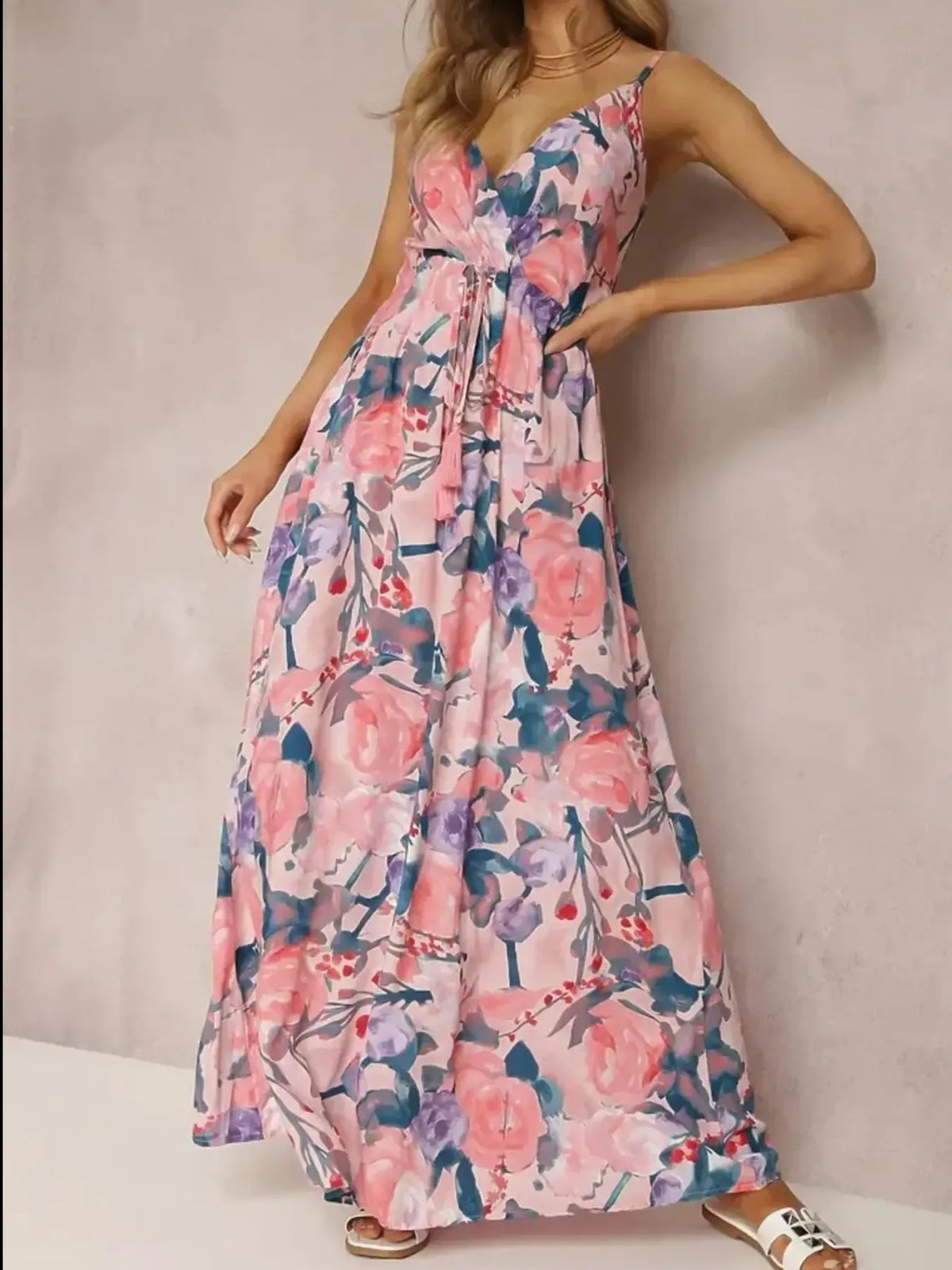 Floral Print Surplice Spaghetti Strap Maxi Dress - Ladyez