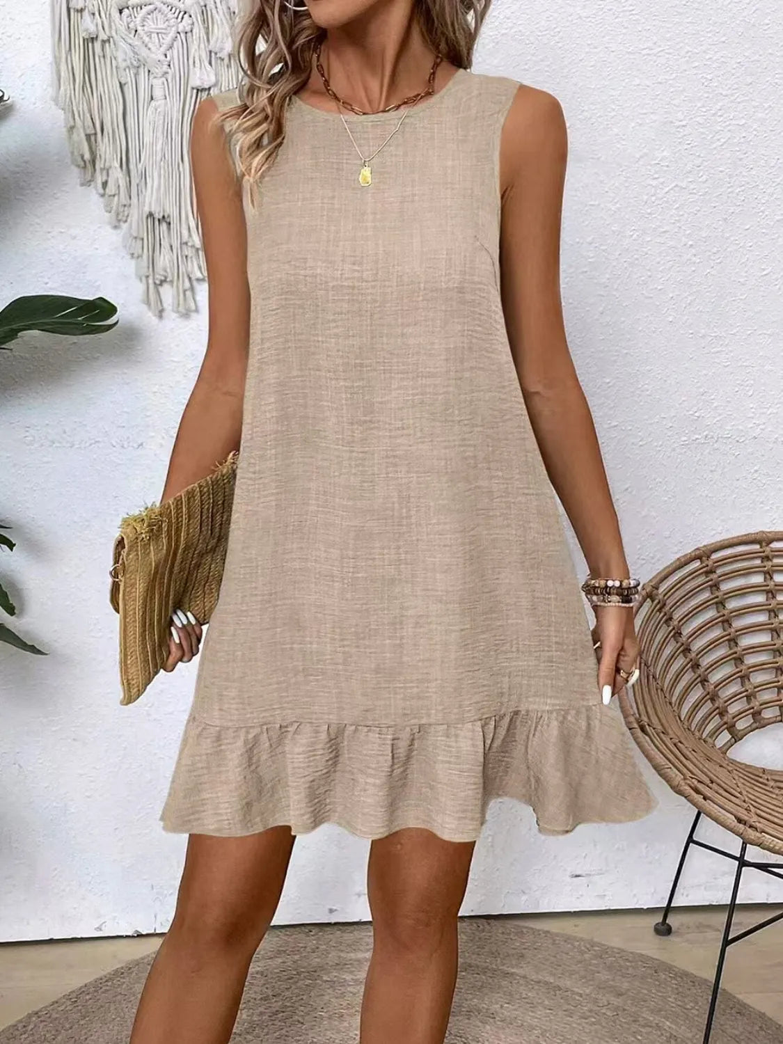 Ruffled Hem Round Neck Sleeveless Dress - Ladyez