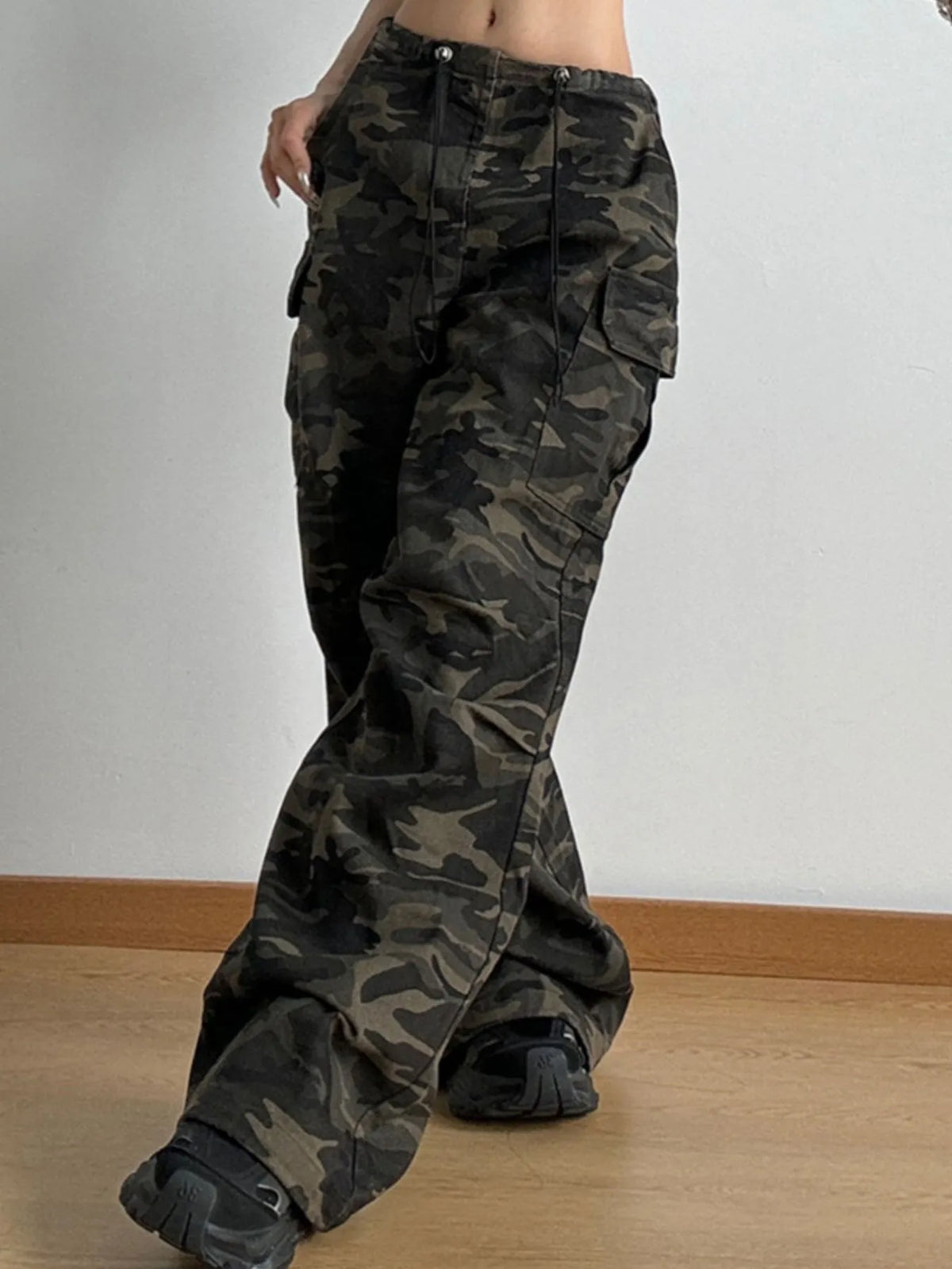 Drawstring Camouflage Cargo Wide Leg Jeans - Ladyez