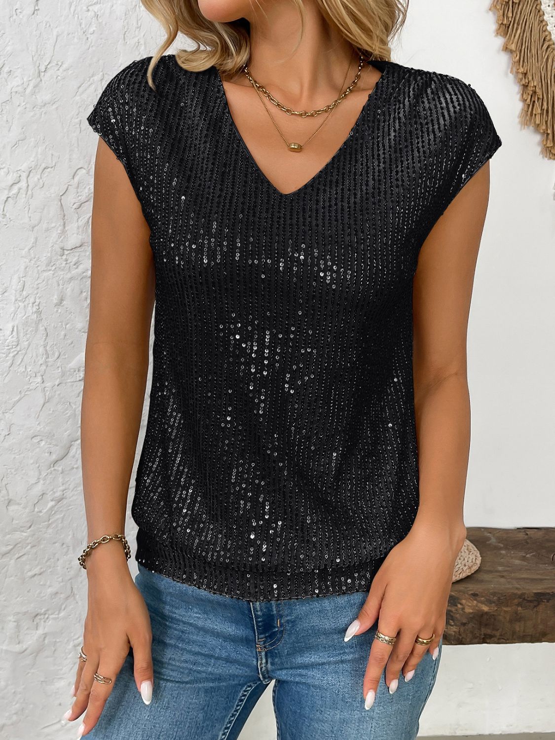 Sequin V-Neck Cap Sleeve Top - Ladyez