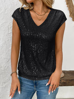 Sequin V-Neck Cap Sleeve Top - Ladyez