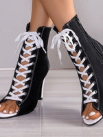 Canvas Lace-Up Peep Toe Stiletto Ankle Boots - Ladyez