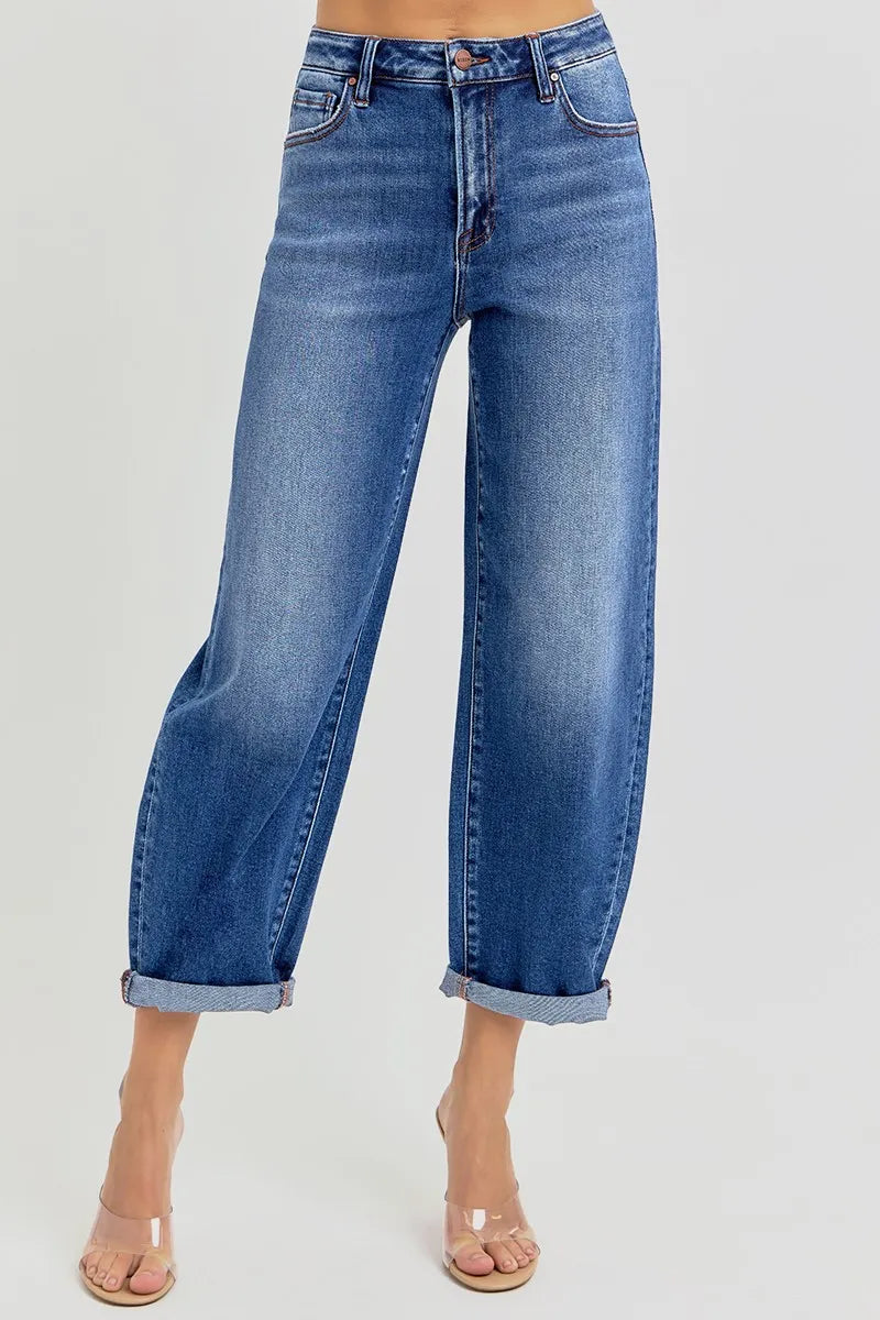 RISEN Full Size High Rise Crop Mild Barrel Jeans Plus Size - Ladyez