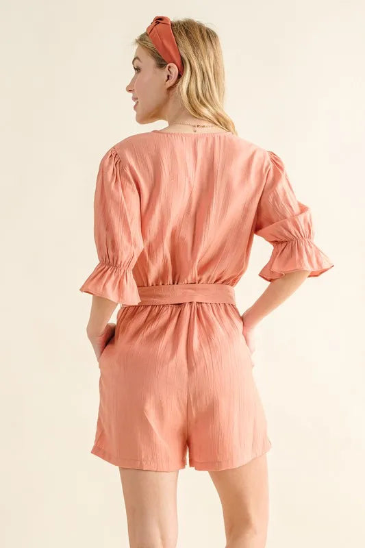And The Why Flounce Sleeves Romper with Belt - Ladyez