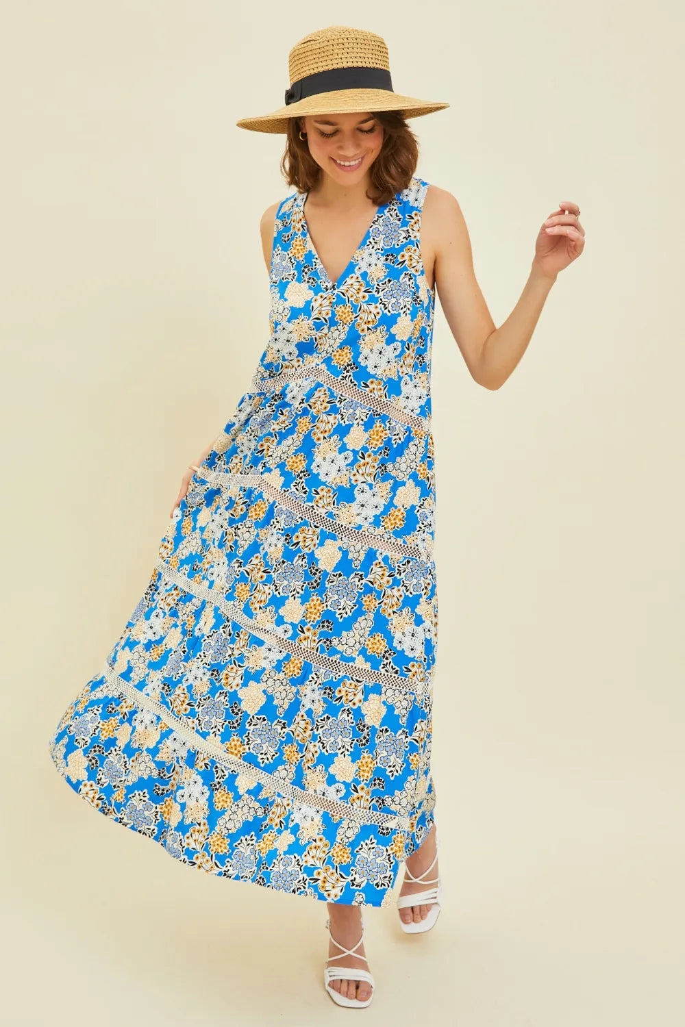 HEYSON Full Size Printed Crochet Trim Maxi Dress - Ladyez