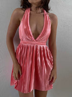 Pleated Halter Neck Mini Dress - Ladyez