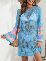 Openwork Contrast Long Sleeve Cover-Up - Ladyez