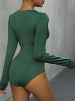 Perfee Lace Detail Plunge Long Sleeve Bodysuit - Ladyez