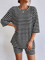 Striped Round Neck Top and Shorts Set