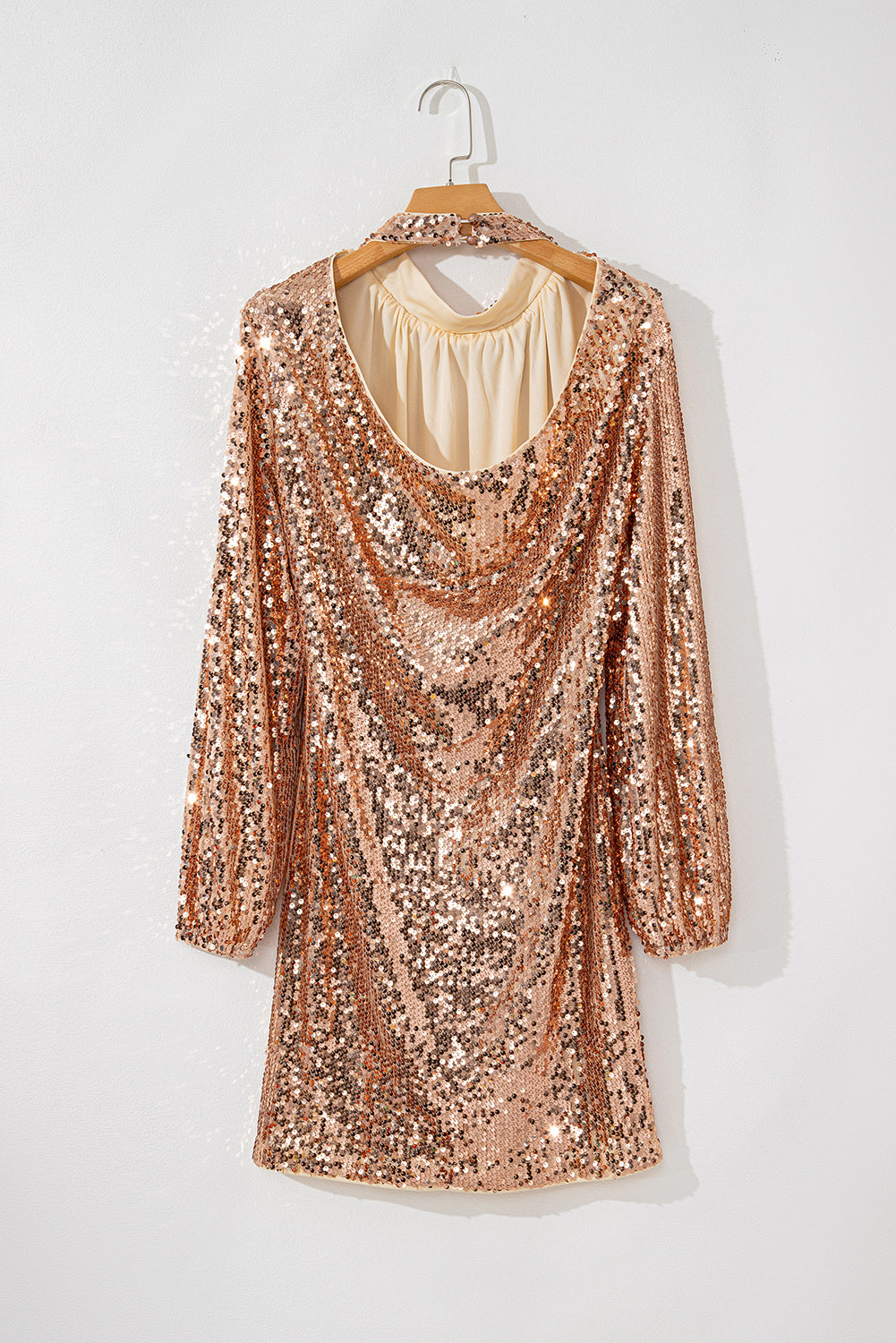 Backless Sequin Mock Neck Long Sleeve Mini Dress - Ladyez