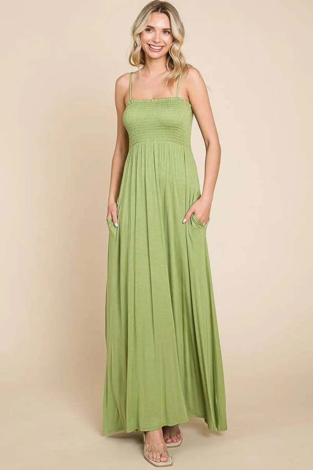 Culture Code Full Size Smocked Cami Maxi Dress with Pockets - Ladyez