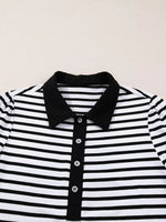 Stripe Buttoned Front Collared Long Sleeve T Shirt Dress with Pockets